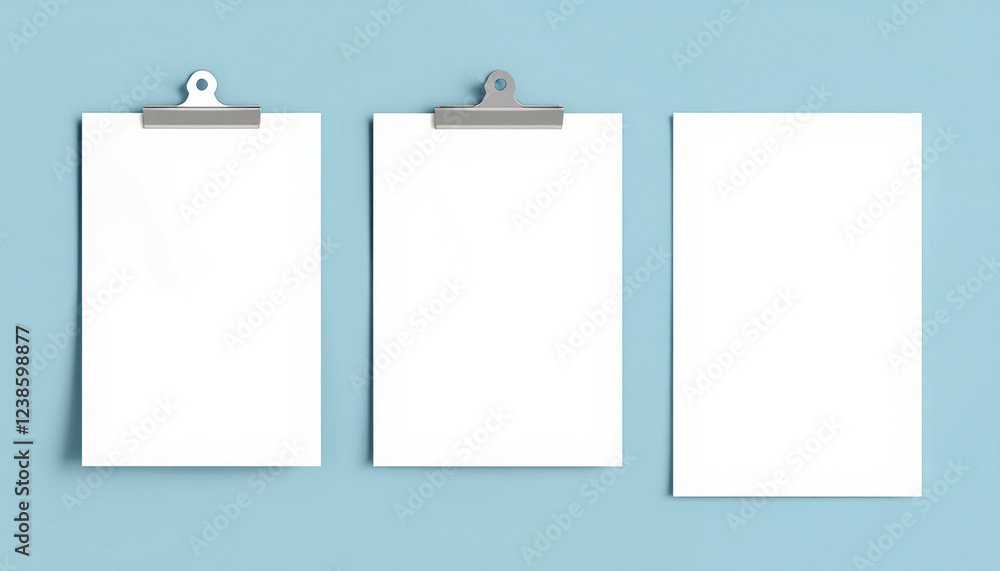 Three Blank Papers Secured With Metal Clips On Blue Background Three Blank Papers Secured With Metal Clips On Blue Background