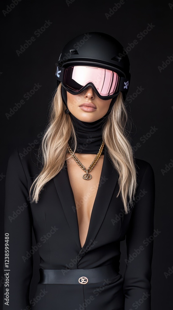 Young woman in stylish ski gear poses confidently against a dark background, showcasing a blend of fashion and sportswear during a photoshoot Young woman in stylish ski gear poses confidently against a dark background, showcasing a blend of fashion and sportswear during a photoshoot