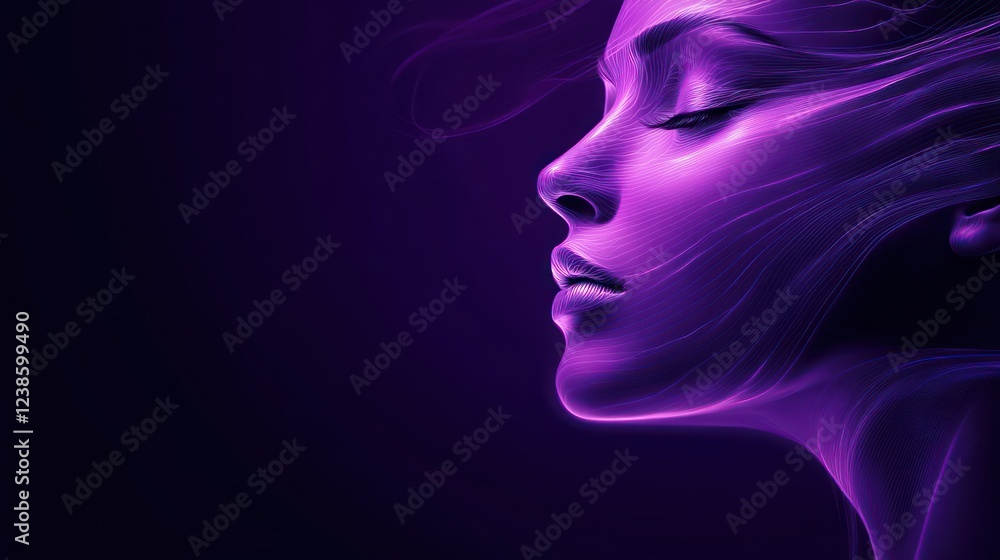 Abstract dark wave woman face with soft glowing lines and a smooth texture, set against a deep purple background with hints of light blue. Abstract dark wave woman face with soft glowing lines and a smooth texture, set against a deep purple background with hints of light blue.
