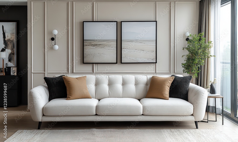 Minimalist Living Room Interior Design with White Sofa and Black Furniture in Natural Light Minimalist Living Room Interior Design with White Sofa and Black Furniture in Natural Light