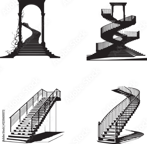 Stairs black and  white silhouette assets in vector farm  