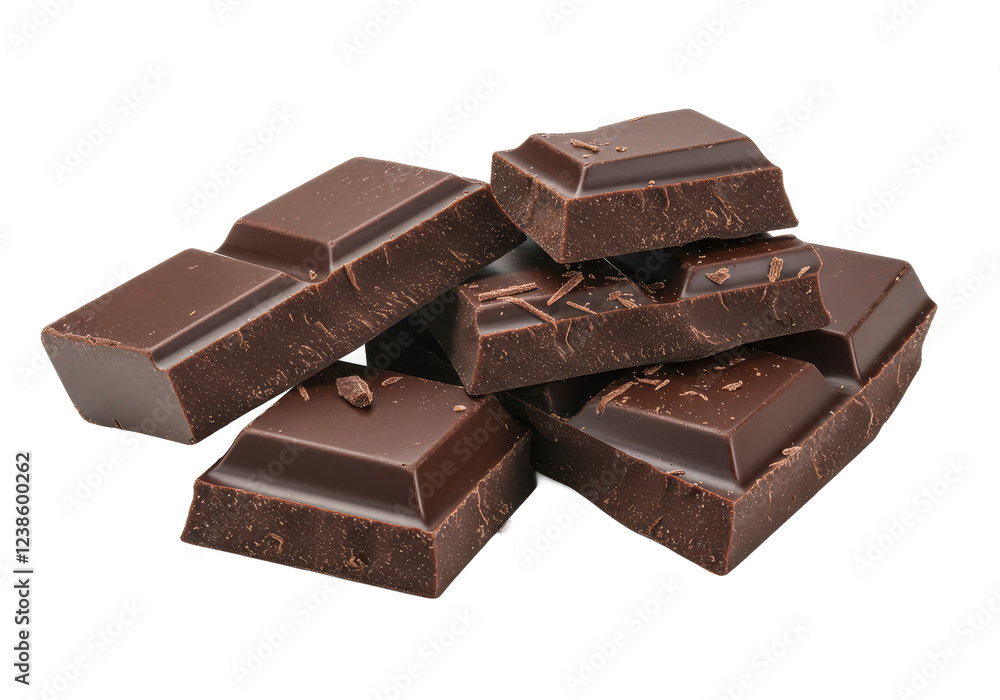 broken pieces of dark chocolate with rough edges and scattered crumbs, isolated on white background broken pieces of dark chocolate with rough edges and scattered crumbs, isolated on white background