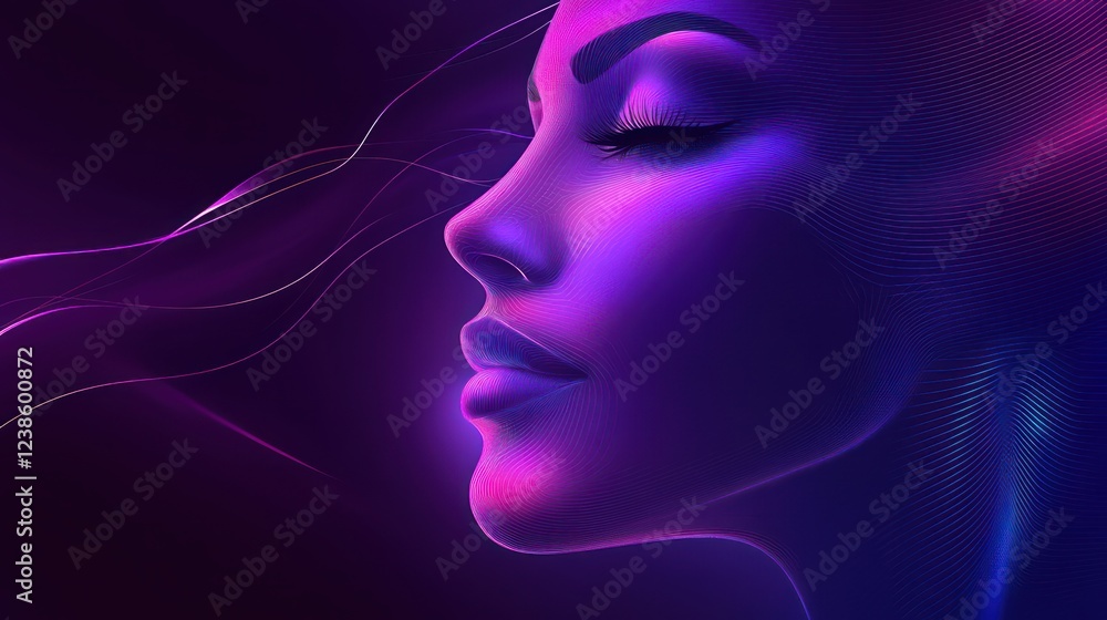Abstract dark wave woman face with soft glowing lines and a smooth texture, set against a deep purple background with hints of light blue. Abstract dark wave woman face with soft glowing lines and a smooth texture, set against a deep purple background with hints of light blue.