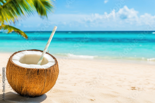 Wallpaper Mural A fresh coconut with a straw on a sandy beach Torontodigital.ca