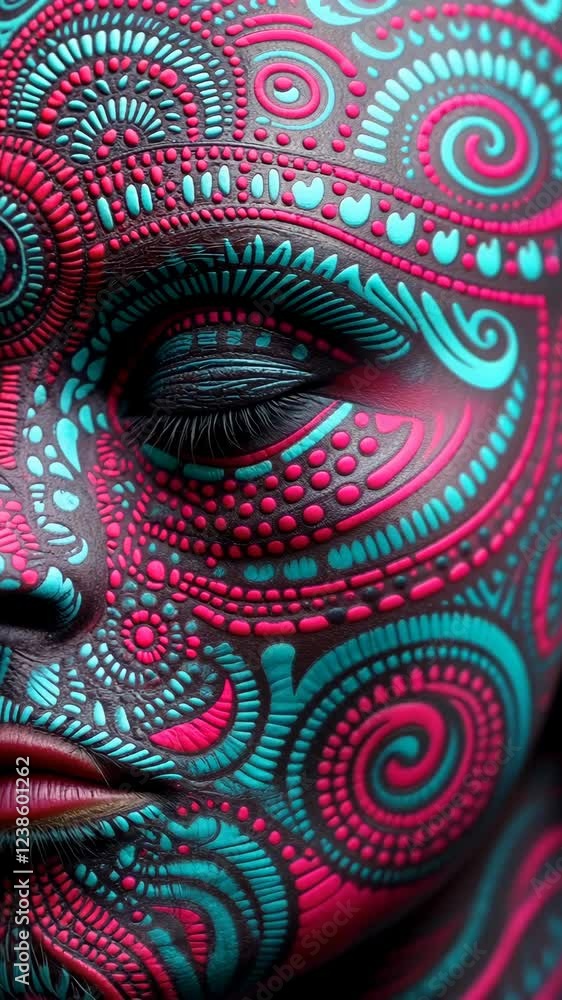 Vibrant tribal face paint design showcasing intricate patterns with bold colors in a close-up portrait Vibrant tribal face paint design showcasing intricate patterns with bold colors in a close-up portrait
