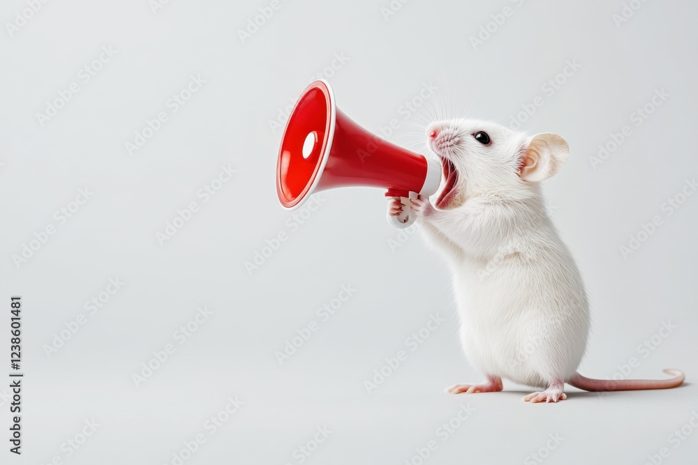 Fototapeta premium white mouse holding a red megaphone in a minimalistic studio light background