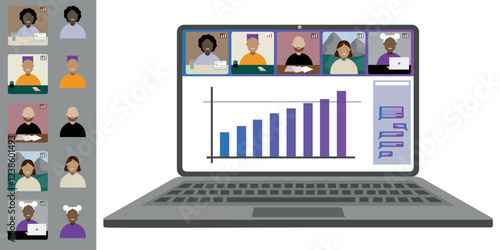 Video call conference, working from home. Colleagues of different nationalities and ages talk to each other on the laptop screen. Isolated illustration on white background in flat style trendy colors
