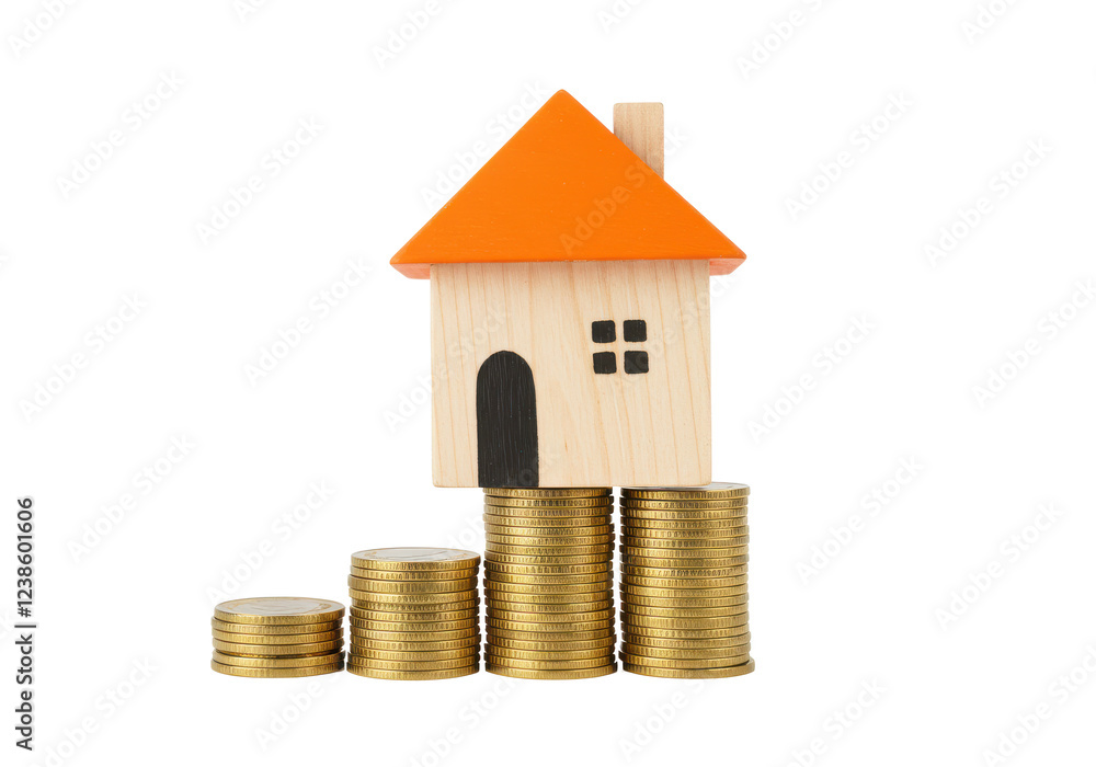 wooden miniature house with an orange roof balanced on stacks of golden coins, symbolizing real estate and financial growth, isolated on white background wooden miniature house with an orange roof balanced on stacks of golden coins, symbolizing real estate and financial growth, isolated on white background
