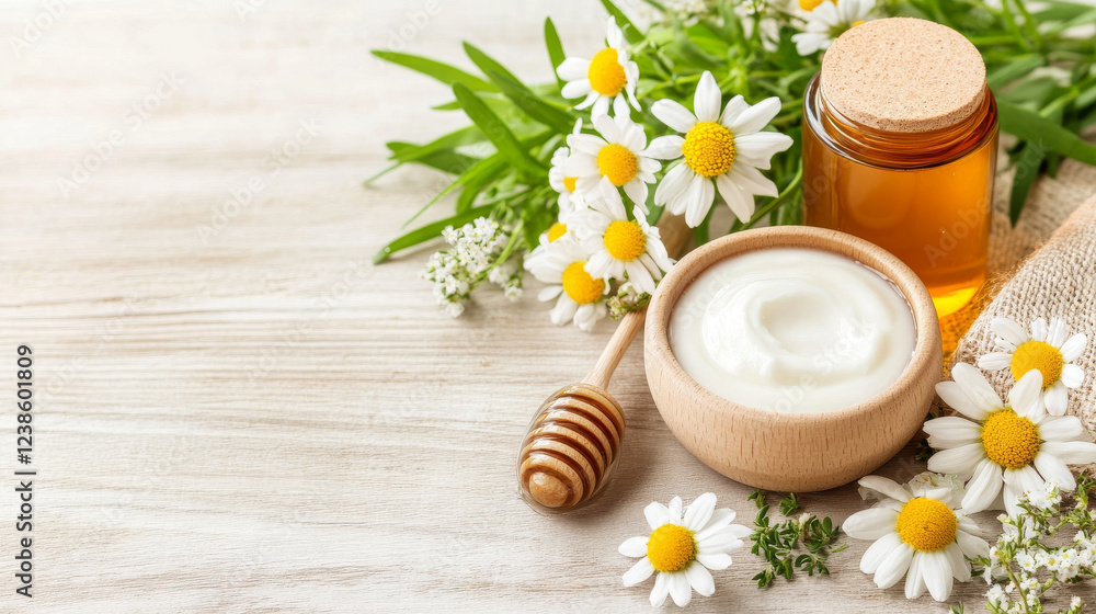 Natural honey in jar with chamomile flower and sour cream bowl on wooden table background for wellness beauty cosmetic and skincare. Natural honey in jar with chamomile flower and sour cream bowl on wooden table background for wellness beauty cosmetic and skincare.