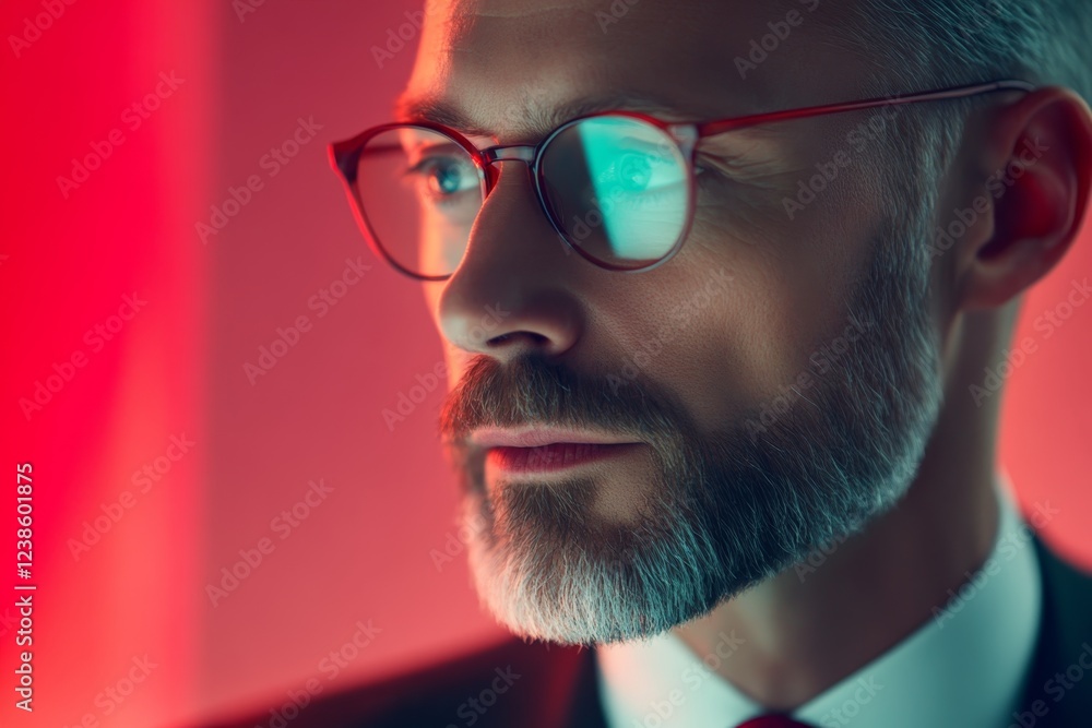 Professional man with glasses in a modern setting, contemplating future possibilities under soft red lighting Professional man with glasses in a modern setting, contemplating future possibilities under soft red lighting
