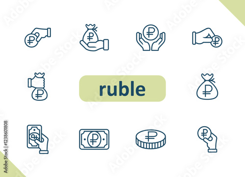 Ruble icons. Russian rouble, currency, money, cash, payment, savings, investment vector icon set