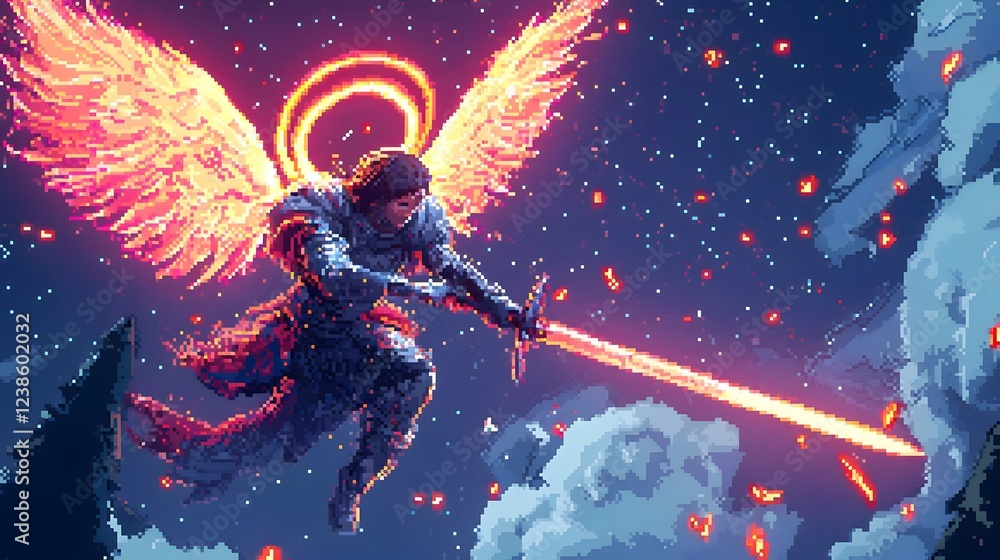 Fototapeta premium Glowing Angelic Warrior Soaring Through Ethereal Night Sky with Radiant Sword Attack