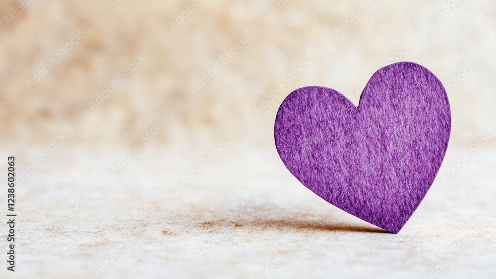 Fototapeta premium purple paper cutout heart on a soft beige textured surface minimalistic love card template