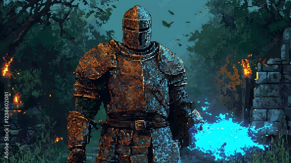 Cursed Pixel Art Knight in Rusted Armor Amid Dark Forest Landscape Cursed Pixel Art Knight in Rusted Armor Amid Dark Forest Landscape