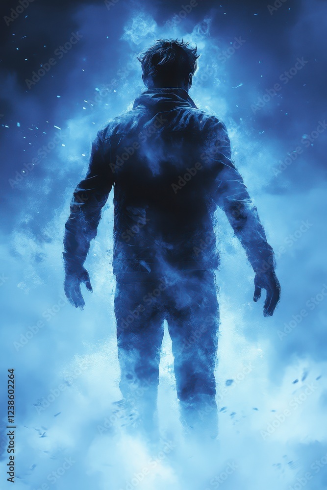 Fototapeta premium Mysterious figure, pixelated and shrouded in blue mist, stands against a dark, stormy sky. Digital art with a cool color palette evokes a sense of