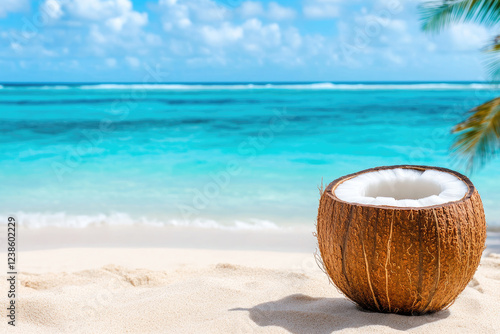 Wallpaper Mural Refreshing coconut on a sunny beach with palm trees. Torontodigital.ca