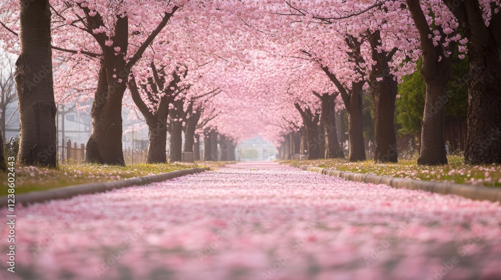 Naklejka premium Tranquil pathway through cherry blossom trees with fallen pink petals capturing nature s beauty