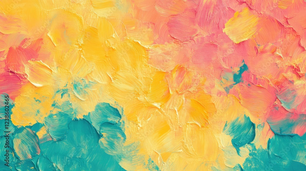 Fototapeta premium Vibrant Abstract Painting with Blending Yellow, Pink, and Teal Colors Reflecting Warmth and Energy for Creative Design and Art Projects