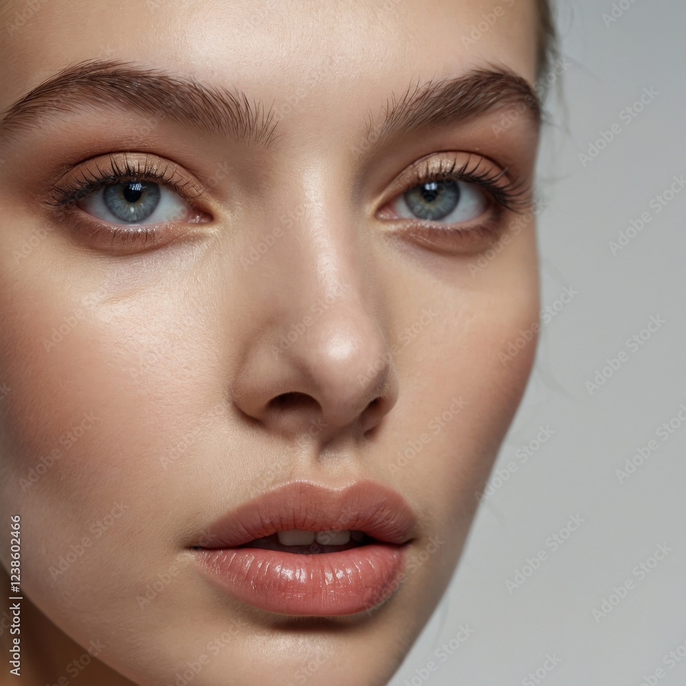 Obraz premium Close-up view of a young woman with striking blue eyes and natural makeup showcasing beauty and elegance in a minimalist setting