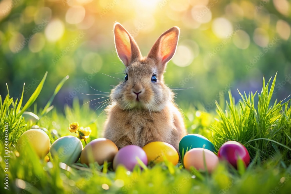 Fototapeta premium Cute Bunny, Colorful Easter Eggs & Lush Spring Grass - High-Resolution Stock Photo