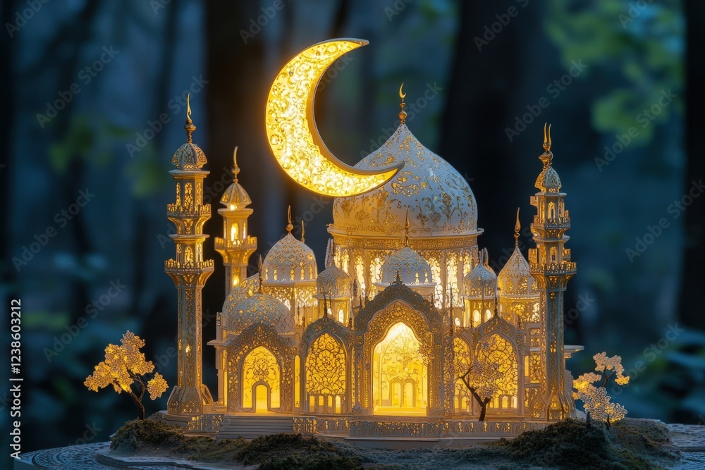 Obraz premium Illuminated Mosque Model under Crescent Moon.