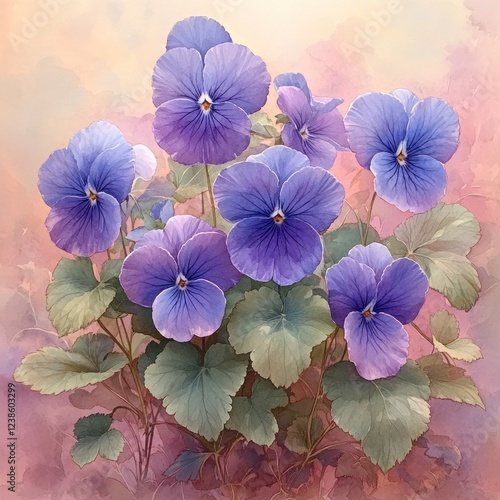 Wallpaper Mural Delicate pastel purple pansies in full bloom, lush green leaves, soft background. Torontodigital.ca