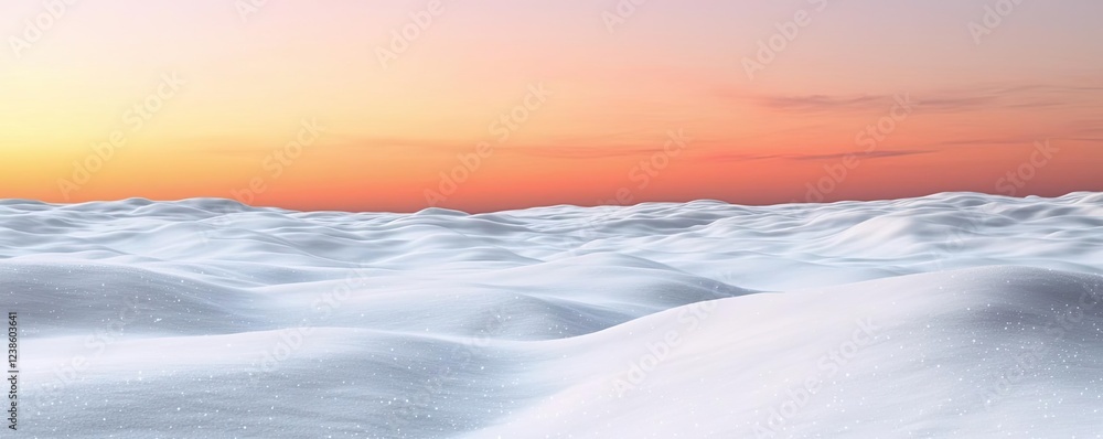 Fototapeta premium Snowy landscapes nature idea. A serene winter landscape with soft snow drifts under a glowing sunset sky.