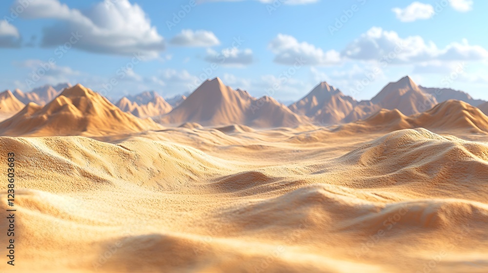 Naklejka premium Vast Desert Landscape with Unique Sand Formations and Towering Mountains