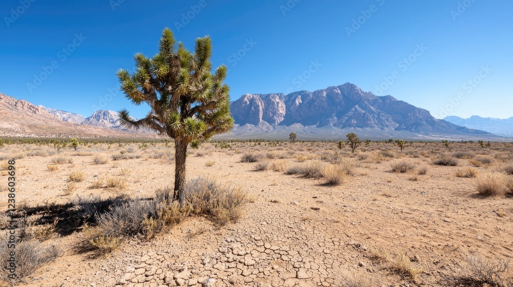 Desert landscape Joshua tree, mountains, arid plains Desert landscape Joshua tree, mountains, arid plains