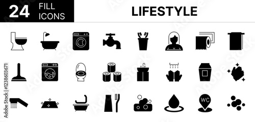 Collection of 24 Lifestyle fill icons featuring editable strokes. These outline icons depict various modes of Lifestyle, icon, vector, illustration, bath, WC, robe, boob, shower, bathroom, clean, hand