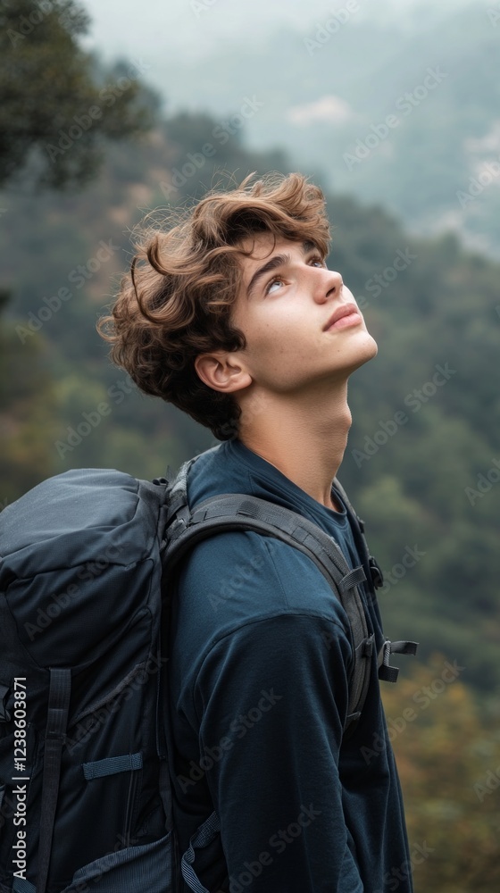 A young man with curly hair looks up thoughtfully as he hikes in a lush green mountain region, surrounded by dense trees and misty hills A young man with curly hair looks up thoughtfully as he hikes in a lush green mountain region, surrounded by dense trees and misty hills