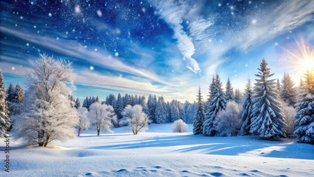 Fototapeta premium Winter Snowy Landscape with Fresh Snow Covering Ground and Snow-Capped Trees in Background