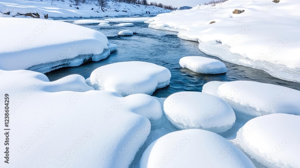 Snowy landscapes nature idea. Serene winter landscape with snow-covered rocks and a flowing river. Snowy landscapes nature idea. Serene winter landscape with snow-covered rocks and a flowing river.