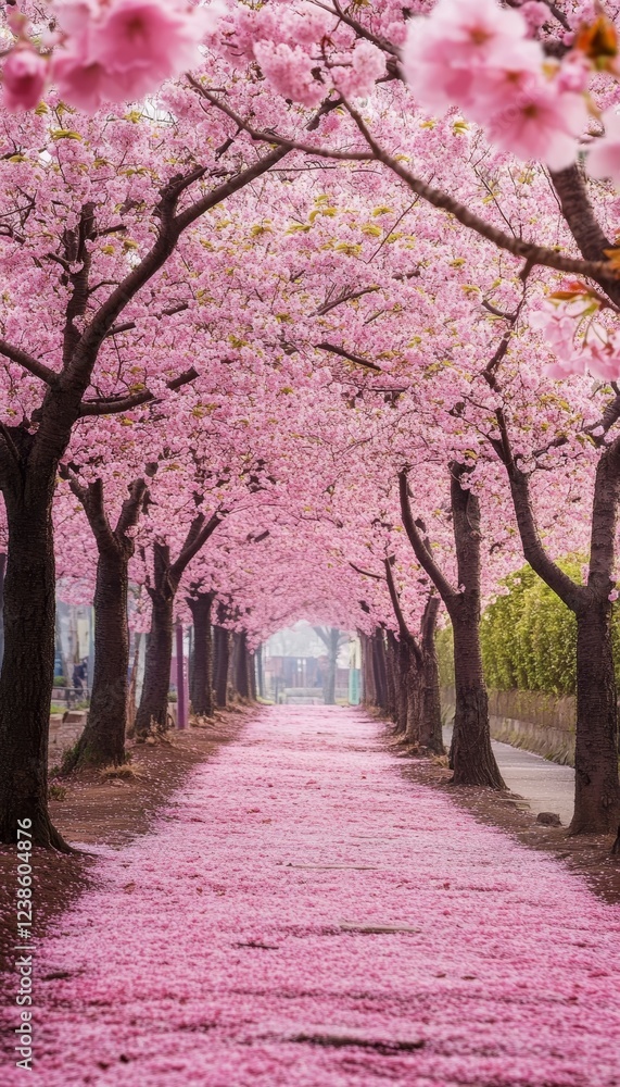 Naklejka premium Enchanting cherry blossom trees in full bloom along a petal laden pathway in a serene landscape