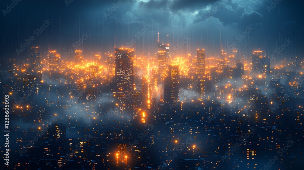 Fototapeta premium Night city rain storm aerial view, urban background, website banner