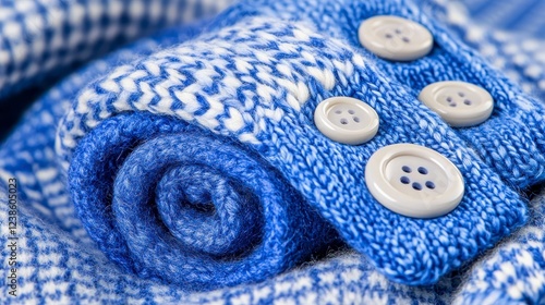 Close up of a rolled up blue knitted sweater with white buttons, featuring a textured fabric and a detailed focus on the knit and button details