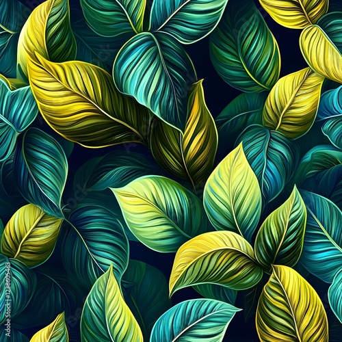 Wallpaper Mural Bright tropical leaf pattern in teal and lime with a modern design. Torontodigital.ca