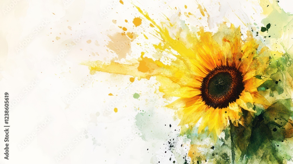 An artistic watercolor painting of a sunflower with splashes of yellow and green, blending into a white canvas background An artistic watercolor painting of a sunflower with splashes of yellow and green, blending into a white canvas background