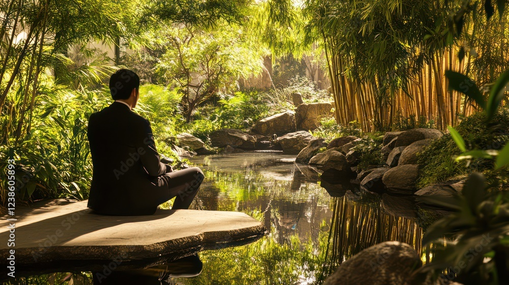 An Asian businessman deep in thought in a lush garden with bamboo and water features, blending nature and calmness. An Asian businessman deep in thought in a lush garden with bamboo and water features, blending nature and calmness.