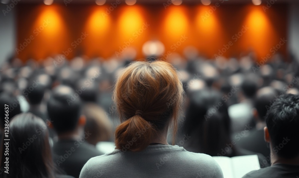 Crowded Conference Scene with Speaker at Business Seminar in Auditorium Blurred Background of Audience Listening to Presentation Crowded Conference Scene with Speaker at Business Seminar in Auditorium Blurred Background of Audience Listening to Presentation