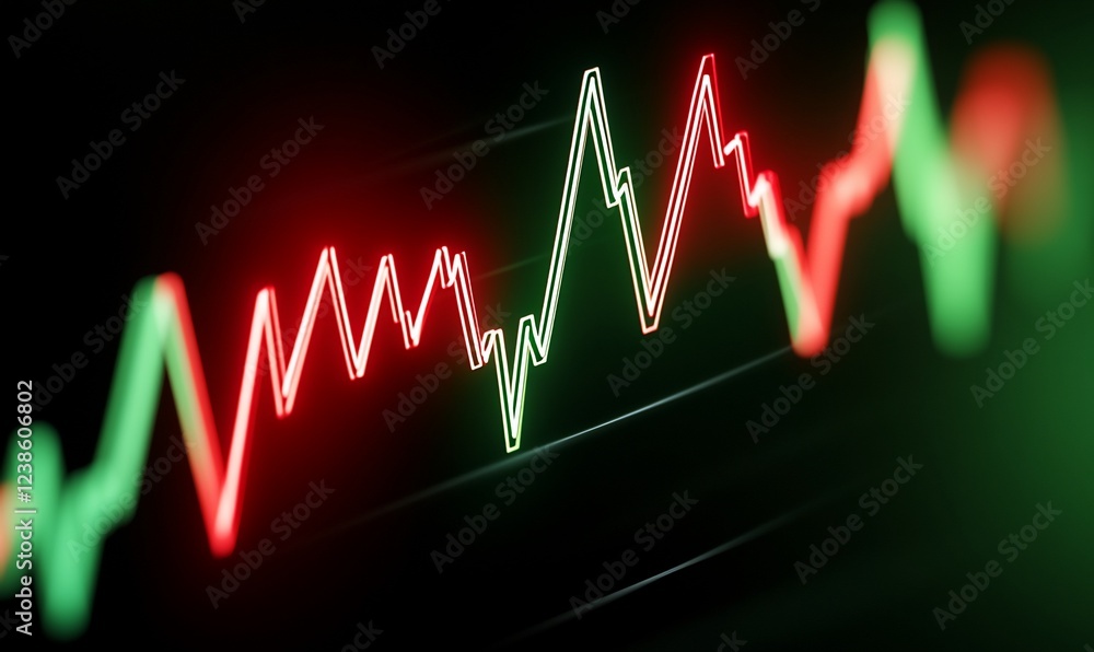 Obraz premium Red and green glowing lines forming a graph chart on a black background.