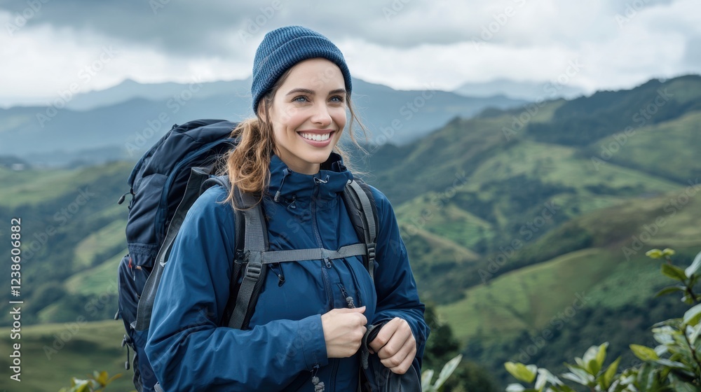 A smiling hiker in a blue jacket and beanie stands against a lush green landscape, exuding joy and adventure. A smiling hiker in a blue jacket and beanie stands against a lush green landscape, exuding joy and adventure.