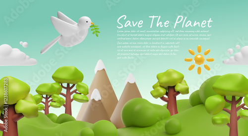 Save the planet 3D cartoon banner vector design, nature landscape with green trees, mountains and flying white dove bird