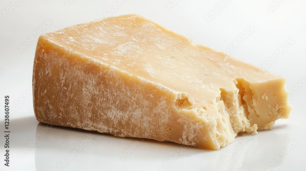 Delicious and Aromatic Chunk of Aged Hard Cheese on White Surface, Perfect for Culinary Dishes and Cheese Platter Presentations Delicious and Aromatic Chunk of Aged Hard Cheese on White Surface, Perfect for Culinary Dishes and Cheese Platter Presentations