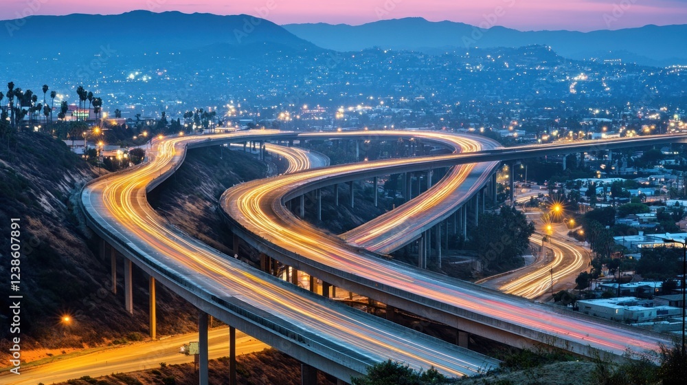 Fototapeta premium Elevated Highway Interchange at Night Over City