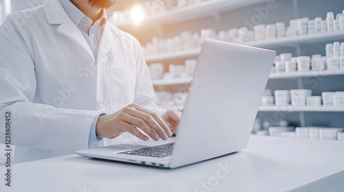 A pharmacist in a lab coat types on a laptop in a pharmacy filled with shelves of medication, illuminated by warm light.