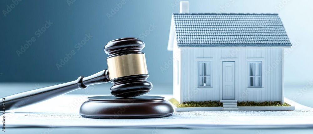 Obraz premium A gavel rests beside a small house model, symbolizing legal matters related to real estate or property law.