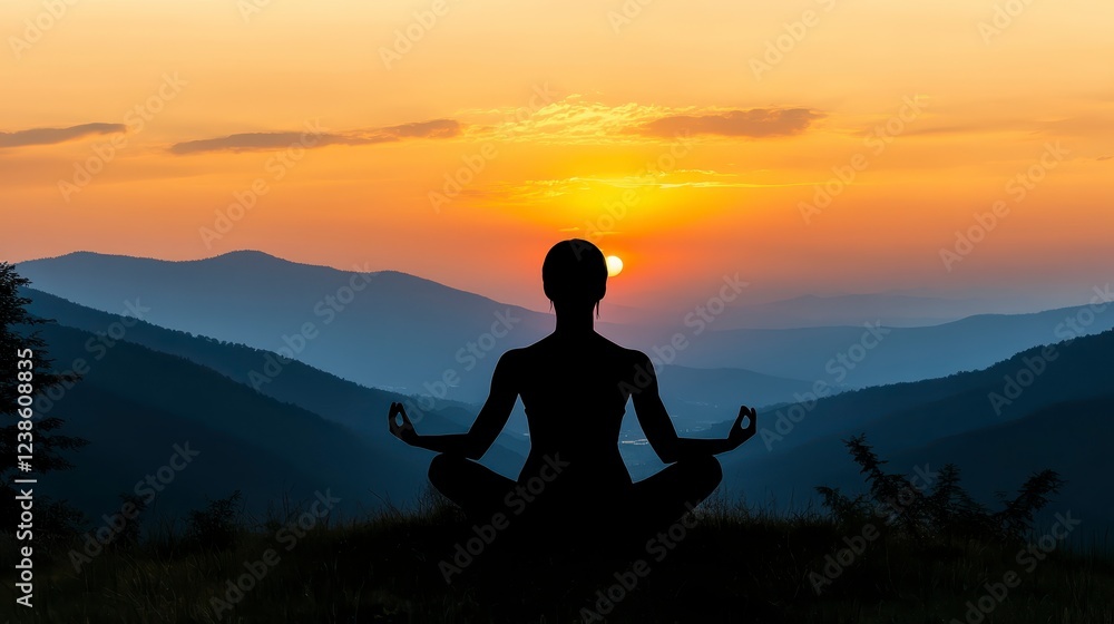 Silhouette of a person meditating at sunset in mountains, peaceful and serene atmosphere. Warm sunset colors illuminate the landscape. Dark Silhouette of a person meditating at sunset in mountains, peaceful and serene atmosphere. Warm sunset colors illuminate the landscape. Dark