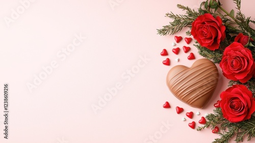 A romantic arrangement featuring red roses, a wooden heart, and scattered heart-shaped decorations, perfect for Valentine's Day or anniversaries.