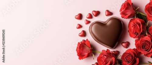 A heart-shaped chocolate surrounded by red roses and small heart decorations on a soft pink background, perfect for romantic occasions.